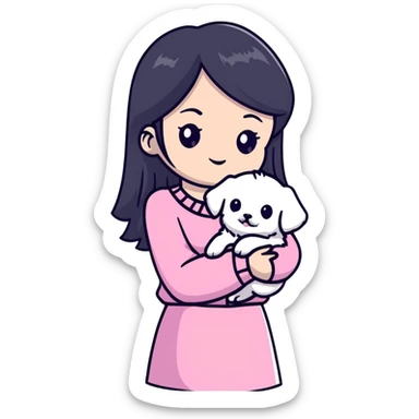 beautiful young woman with long straight black hair wearing pink clothes and holding a small white Maltese puppy sticker
