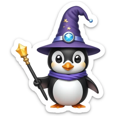 penguin wearing a wizard hat and holding a magic wand sticker