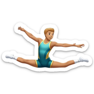 An athletic person soaring high above a trampoline, executing an acrobatic flip with perfect form. The scene captures motion and energy, with a dynamic pose, stretched limbs, and a focused expression. The background suggests a professional trampoline arena with safety padding. sticker