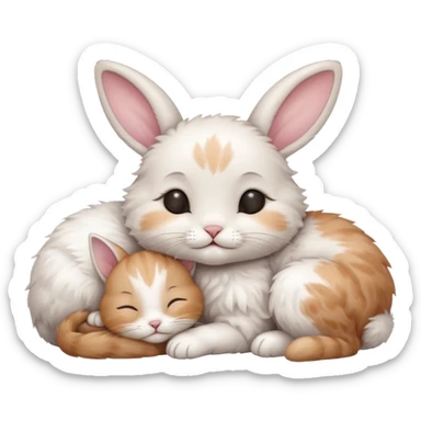 A little kitten sleeping next to a sweet rabbit  sticker