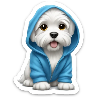 White maltese puppy using a blue hoodie sticker