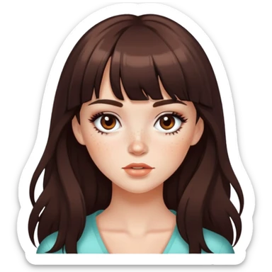 pretty freckled, bangs , long dark brown hair baddie with makeup sticker