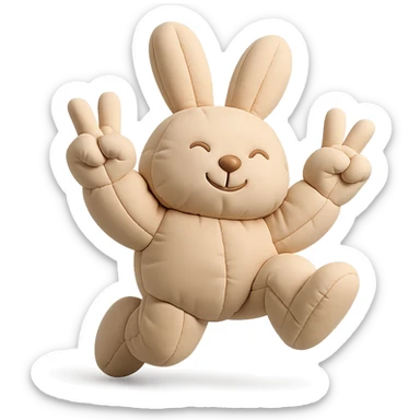 beige bunny jumping and making peace signs, cushion style, soft and plush appearance sticker