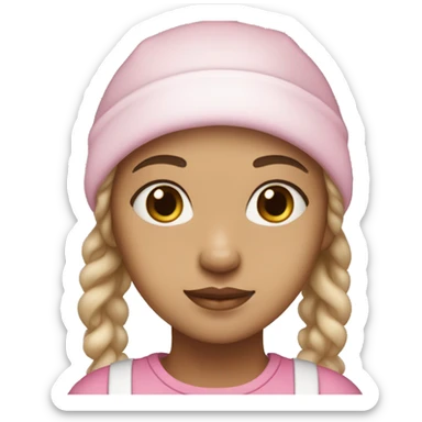 A light skin girl that has light brown eyes and a white dog and she has a pink bonnet on sticker