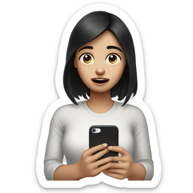 A girl with white skin and dark hair is crying, holding her phone in her hand and pressing her finger on it and looking into it   sticker