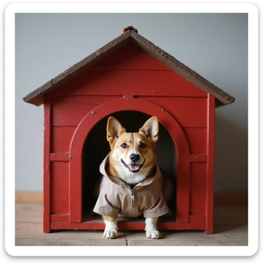 realistic red dog house with a Corgi dog inside, Corgi with a raincoat, photorealistic style sticker