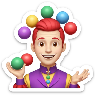 circus juggler portrait, head and shoulders only, colorful outfit collar, playful grin, juggling balls visible near shoulders, 3D cartoon, mobile game icon style, clean background, no text, no watermark
 sticker