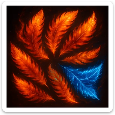 Rearrange the six fiery phoenix feathers in a circular pattern with the tips pointing outward. Make the feathers vibrant and magical. Keep the backgrounds harmonious and consistent with the original images. sticker