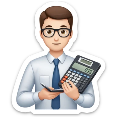 male accountant with calculator and spreadsheet sticker