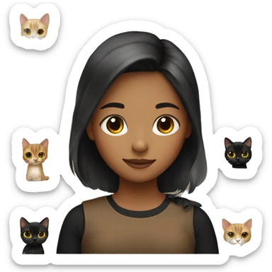 A girl whose hair is short black and her color is tan and her color is brown holding a black cat sticker