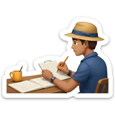 Mans op heuvel aan hetschrijven, terwijl overkant meer varen in midden van storm sticker