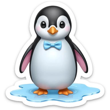 penguin, pink bow tie, standing on small ice melting sticker