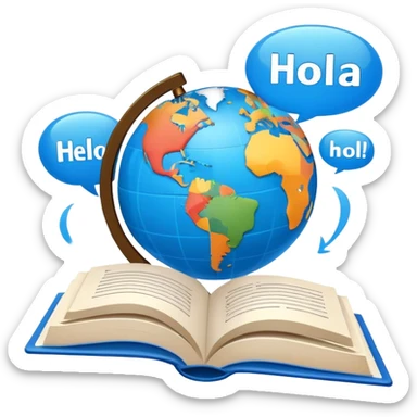 An icon showing a globe surrounded by speech bubbles with greetings in different languages, like 'Hello,' 'Hola,' and 'Bonjour.' The design includes an open book and a quill, symbolizing learning and communication. Transparent background emphasizes global connection through language. sticker