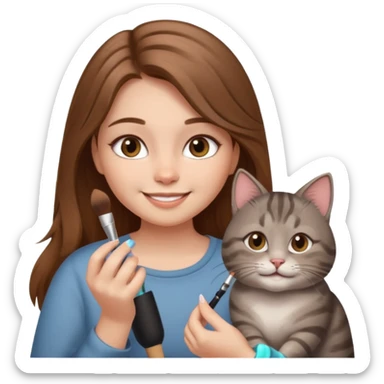 A image of a girl with light long brown hair doing her makeup with her chubby grey tabby cat. She is smiling sticker