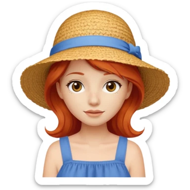 girl_wearing_summer_hat_red_hair, blue dress sticker