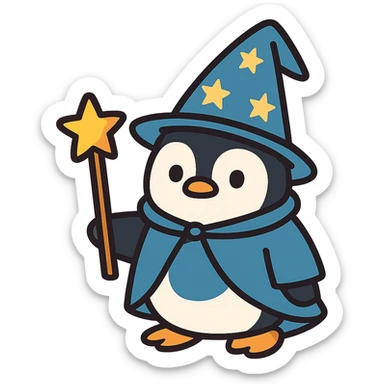 flat toon style penguin wizard with starry hat sticker