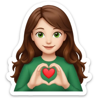 Girl green eyes brown long hair doing hands heart sticker