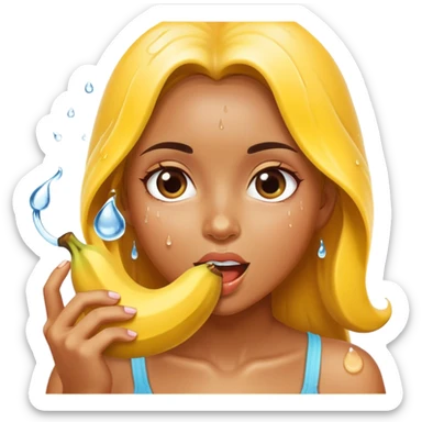 Chica comiendo banana con gotas de agua cayendo sticker