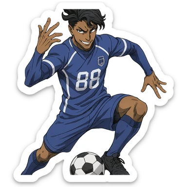 Don Lorenzo from Blue Lock, confident pose, detailed anime style, blue and white soccer uniform, expressive face, dynamic action, no background sticker