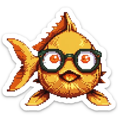 Pixelated goldfish with nerdy glasses making funny face sticker