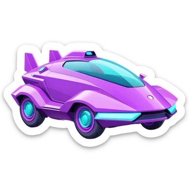 Futuristic retro hover car with sharp angular design and glowing purple wheels, flat vector style, minimal color palette with purple and teal accents sticker