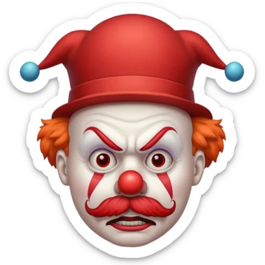 Angry clown — furrowed brow, mustache, tiny hat. sticker