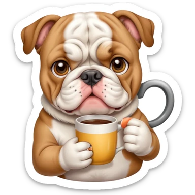 cute English bulldog holding a mug sticker