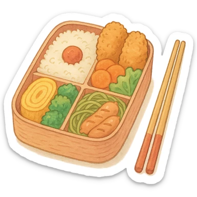 Japanese style bento box, soft pastel kawaii hand-drawn, full object, transparent background, with a pair of chopsticks sticker