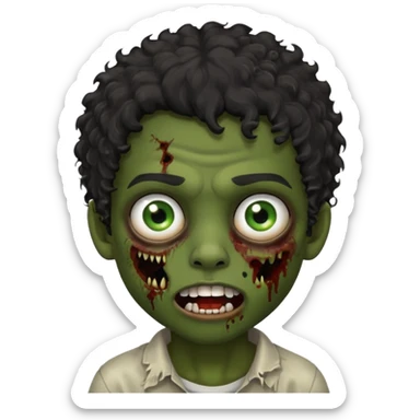 menino com cabelo cacheado preto e olhos marrons, com boca de zumbi sticker
