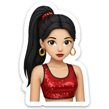 Jade from Bratz with long black ponytail hair, light skin, brown eyes, red sequin crop top sticker