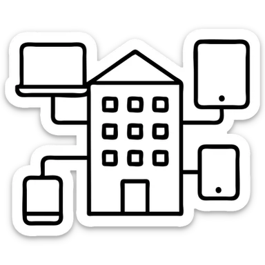 black and white outlined icon of a building with various computers and devices attached sticker