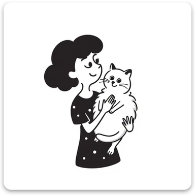 wavy black haired girl with a short haitcut holding a british cat sticker
