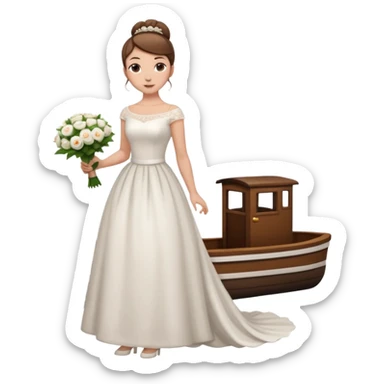 Chica blanca,cuerpo entero, vestido boda cuello barco y , pelo castaño,   1 ramo de flores , pelo recogido en moño alto con cola por la parte de atrás del vestido sticker