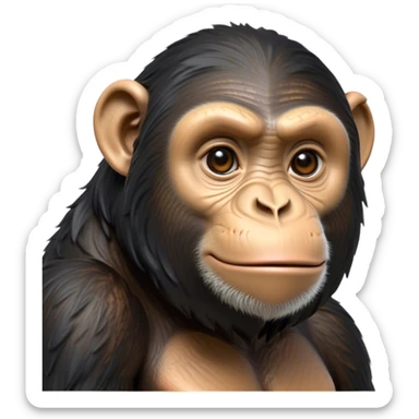 Cinematic Noble Chimpanzee Portrait Emoji, Poised and wise, with a lean, agile build adorned with textured fur and deep, thoughtful eyes, Simplified yet sharp and sophisticated features, highly detailed, glowing with a soft, contemplative glow, high shine, intelligent and vigilant, stylized with an air of primate regality, focused and attentive, soft glowing outline, capturing the essence of a watchful guardian that feels as though it could step out of the screen with effortless authority! sticker