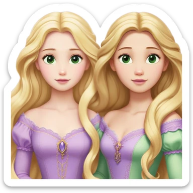 Cinematic Realistic Rapunzel Portrait, with porcelain-like skin featuring a subtle, natural glow, illuminated by soft lighting that brings out the gentle contours of her face. Her long, golden blonde hair cascades in detailed waves, each strand highlighted with a radiant shimmer as it catches the light. She playfully holds a flower in one hand, her other hand resting casually in her lap, with a warm and spirited expression. Her bright, expressive green eyes exude curiosity and warmth, framed by delicate lashes and soft, arched brows. She is dressed in her classic lavender and pink gown, the fabric textured with delicate folds that flow naturally, catching the light with a soft, radiant glow. The portrait captures a luminous, enchanting aura, seamlessly blending realism with a whimsical, fairytale charm, evoking a timeless sense of beauty and magic. sticker