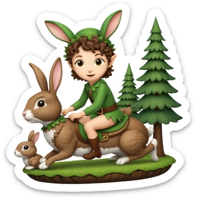 tiny forest elf short tight curly brown hair riding rabbit sticker