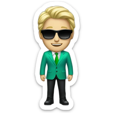 white guy in gradient green blue suit with blonde hair and black sunglasses standing with black shoes sticker