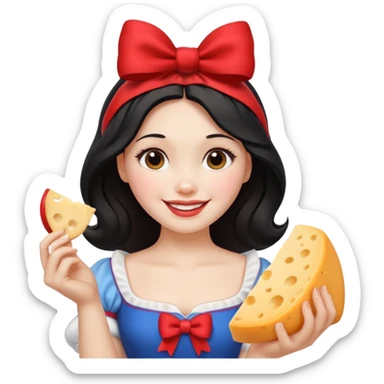  smiling Snow White with red bow ob head holding wedge of cheese sticker