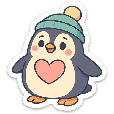 chubby penguin wearing a beanie hat with a large heart on its chest in pastel-toon style sticker