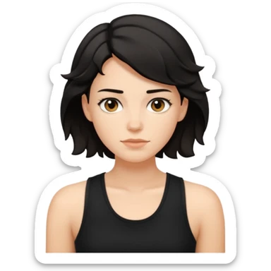 a white woman with short tomboy wavy black hair wearing men's black tank top sticker