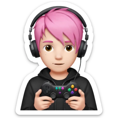 pink haired boy with headphones holding game controller sticker
