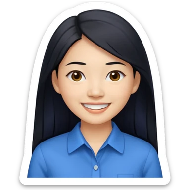 30 yr asian woman light skin long straight black hair big smile blue collared shirt sticker