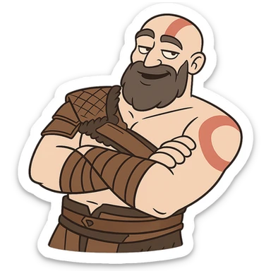 Kratos from God of War, looking relaxed and chill, leaning back with arms crossed, cartoon style sticker