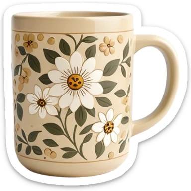Cinematic Realistic Khaki Coffee Mug with Flower Pattern sticker