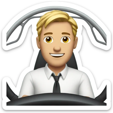  man with white button-down shirt behind a steering wheel sticker