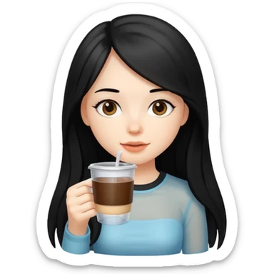 cute girl with black long hair drinking coffee in plastic cup sticker