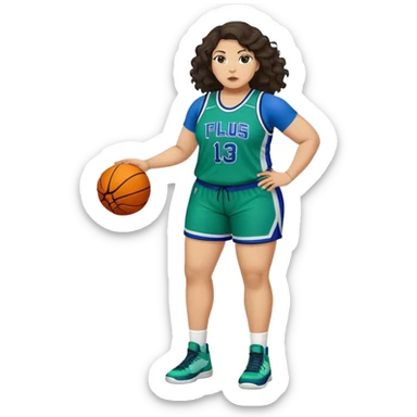 full body plus size light skin latino women basketball player with wavy dark hair wearing blue and green uniform sticker