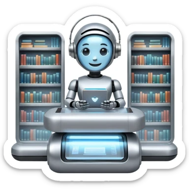 “A futuristic library floating in the clouds, filled with glowing books and holographic screens, with a friendly robot librarian.” sticker
