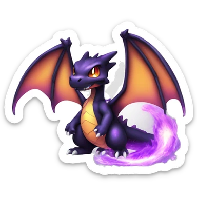 Black shiny nebula chibi Charizard-Raptor-Fakémon with purple flame on tail full body sticker