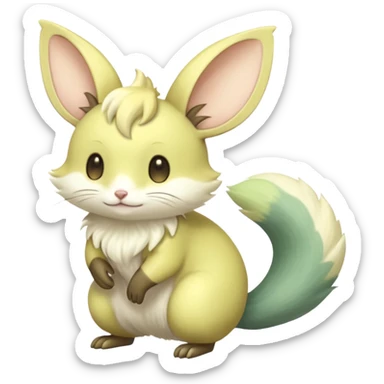 Pastel green pastel lime color golden yellow beige, soft natural realistic divine beautiful elegant pretty precious hyper-realistic lifelike  Fakémon-Pokémon-opossum-feline-mouse-serval-caracal-chinchilla-Minccino-Cinccino-Meowstic-rodent-hybrid-creature with a big fluffy bushy tail (full body) sticker
